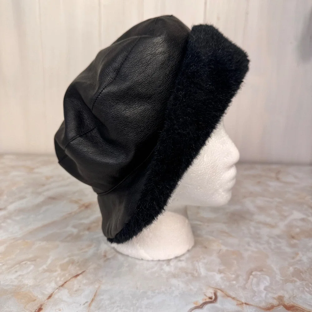 Faux Leather Bucket Hat Women Black Faux Leather and Fur Trim Winter Retro Chic